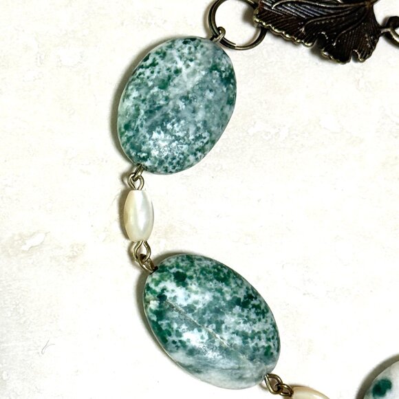 2/$20, Genuine Tree Agate Bracelet, Natural Green Gemstone & Bronze Grape Leaf - Picture 5 of 13